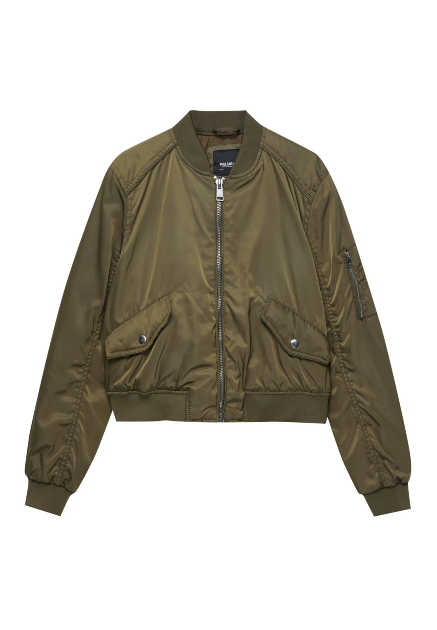 PULL & BEAR Zipped Basic- Giubbotto Bomber - Khaki 7 PULL & BEAR Zipped Basic- Giubbotto Bomber - Khaki - immagine 5