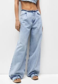 PULL & BEAR Wide Leg With Pleated Cuffs - Jeans A Zampa - Blue Denim