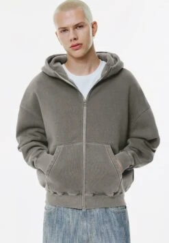 PULL & BEAR WASHED BOXY HOODIE - Felpa Con Zip - Grey