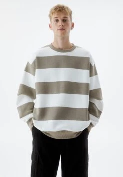 PULL & BEAR Basic Round Neck StripedFelpaLight Brown Uomo Maglieria E Felpe PUC22S0R7-O11