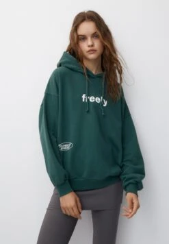PULL & BEAR Contrast Slogan - Felpa Con Cappuccio - Dark Green