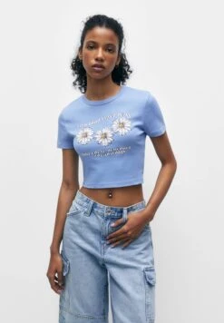 PULL & BEAR Short Sleeve GraphicT-Shirt Con StampaStone Blue Denim Donna T-shirt E Top PUC21D2FX-K11