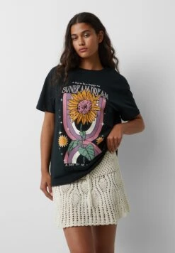 PULL & BEAR Short Sleeve With SunflowerT-Shirt Con StampaBlack Donna T-shirt E Top PUC21D2GU-Q11